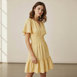 Yellow 100% Cotton Elasticated Short Tier Dress