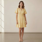 Yellow 100% Cotton Elasticated Short Tier Dress