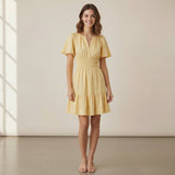 Yellow 100% Cotton Elasticated Short Tier Dress