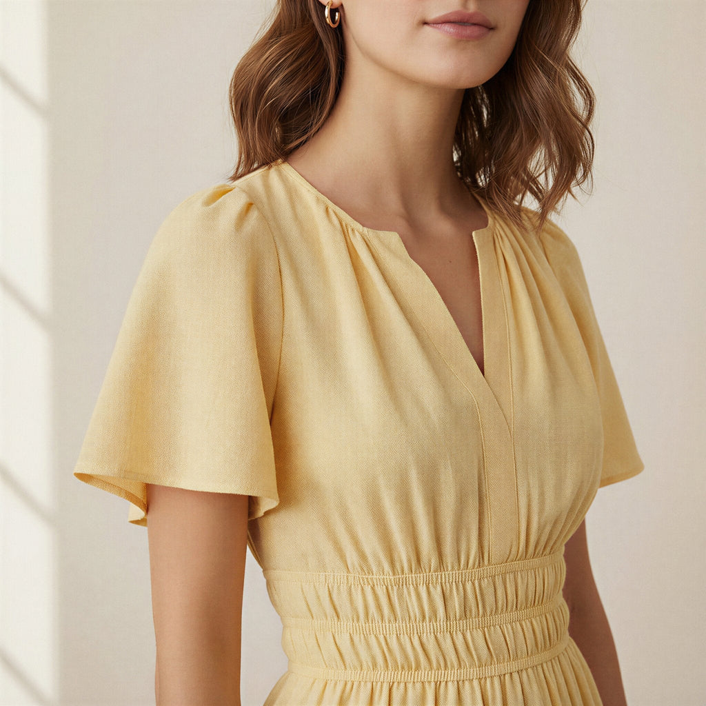 Yellow 100% Cotton Elasticated Short Tier Dress