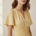 Yellow 100% Cotton Elasticated Short Tier Dress