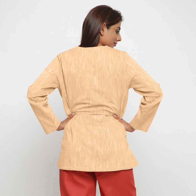Back View of a Model wearing Yellow 100% Cotton Flared Short Jacket