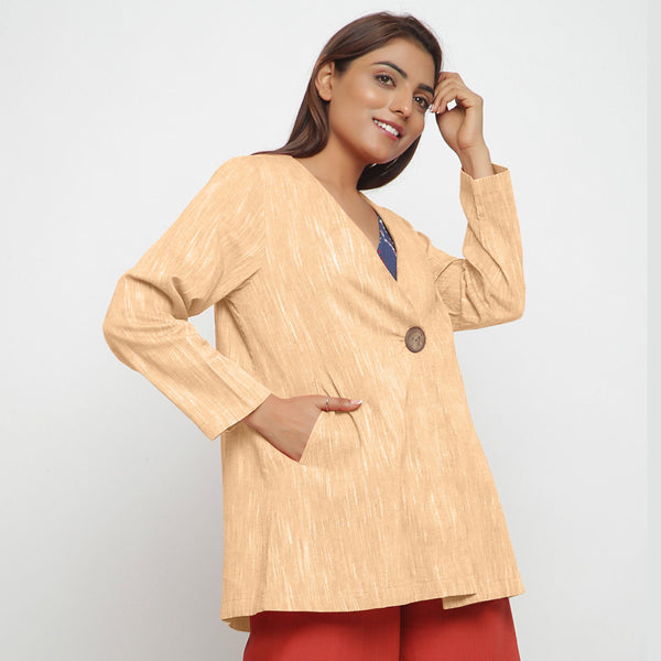 Right View of a Model wearing Yellow 100% Cotton Flared Short Jacket