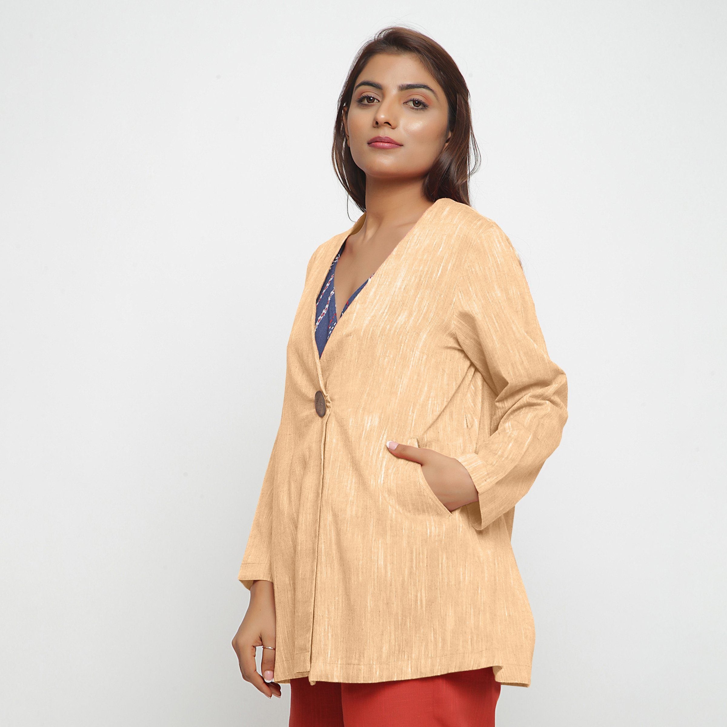 Left View of a Model wearing Yellow 100% Cotton Flared Short Jacket