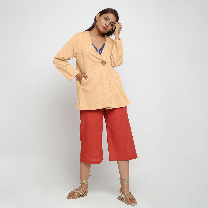 Front View of a Model wearing Yellow 100% Cotton Flared Short Jacket