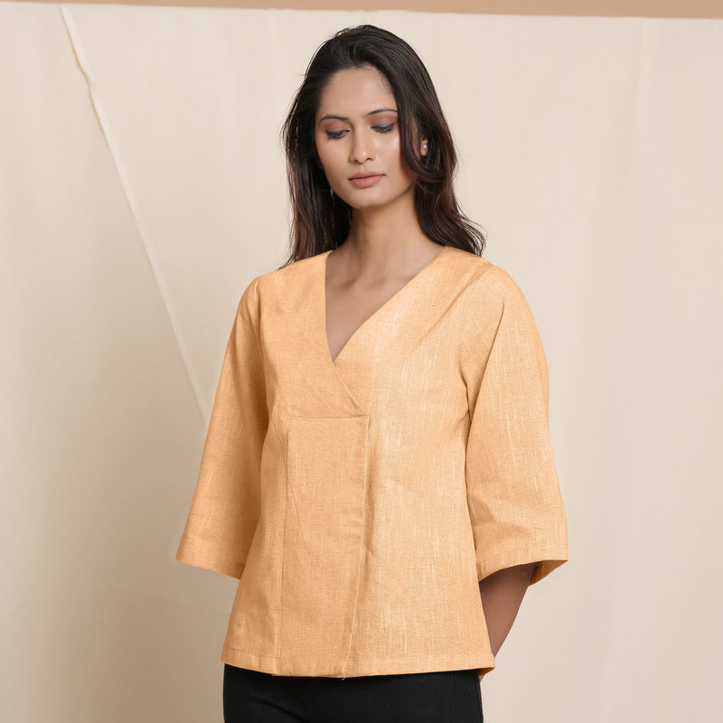 Front View of a Model wearing Yellow Comfy Straight Top