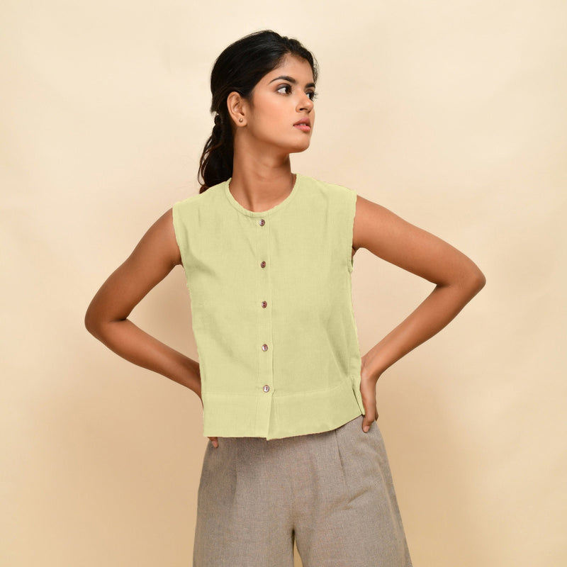 Front View of a Model wearing Yellow Corduroy Button-Down Short Top