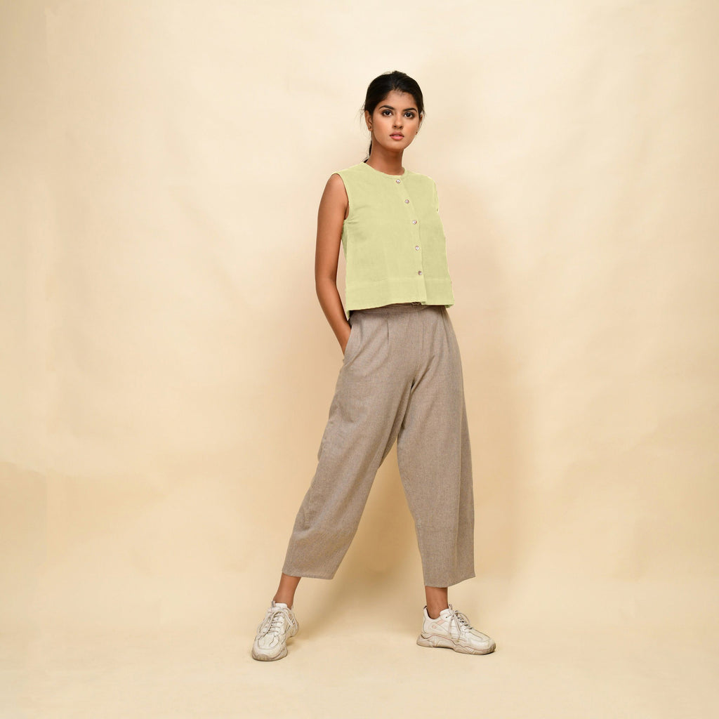 Right View of a Model wearing Yellow Corduroy Button-Down Short Top