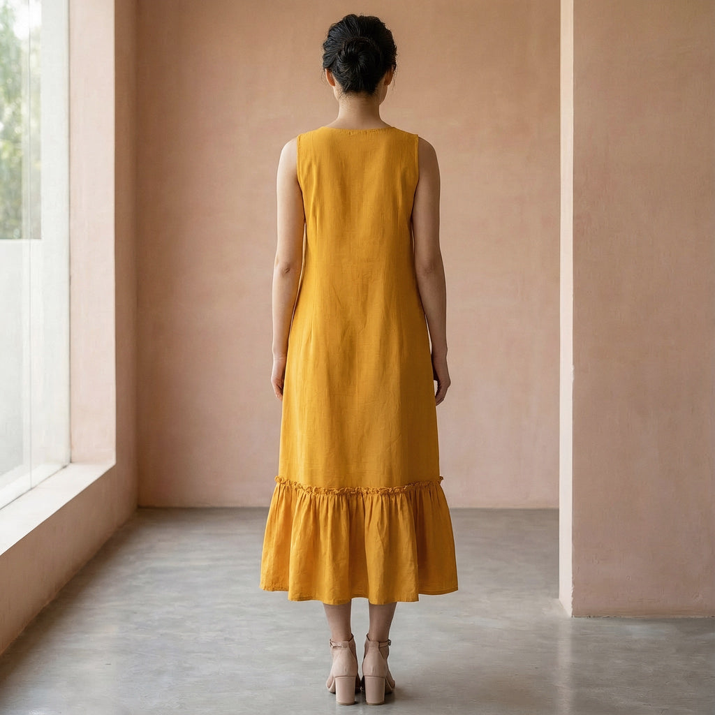 Yellow Cotton Flax A-Line V-Neck Sleeveless Maxi Tier Dress