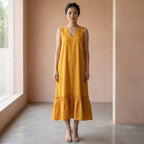 Yellow Cotton Flax A-Line V-Neck Sleeveless Maxi Tier Dress