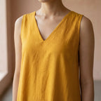 Yellow Cotton Flax A-Line V-Neck Sleeveless Maxi Tier Dress