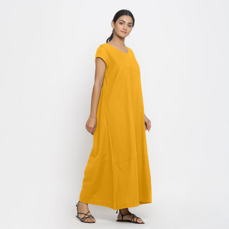 Right View of a Model wearing Yellow Cotton Flax A-Line Paneled Dress