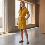 Yellow Cotton Flax A-Line Short Dress with Belt