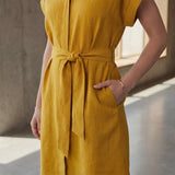 Yellow Cotton Flax A-Line Short Dress with Belt