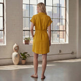 Yellow Cotton Flax A-Line Short Dress with Belt