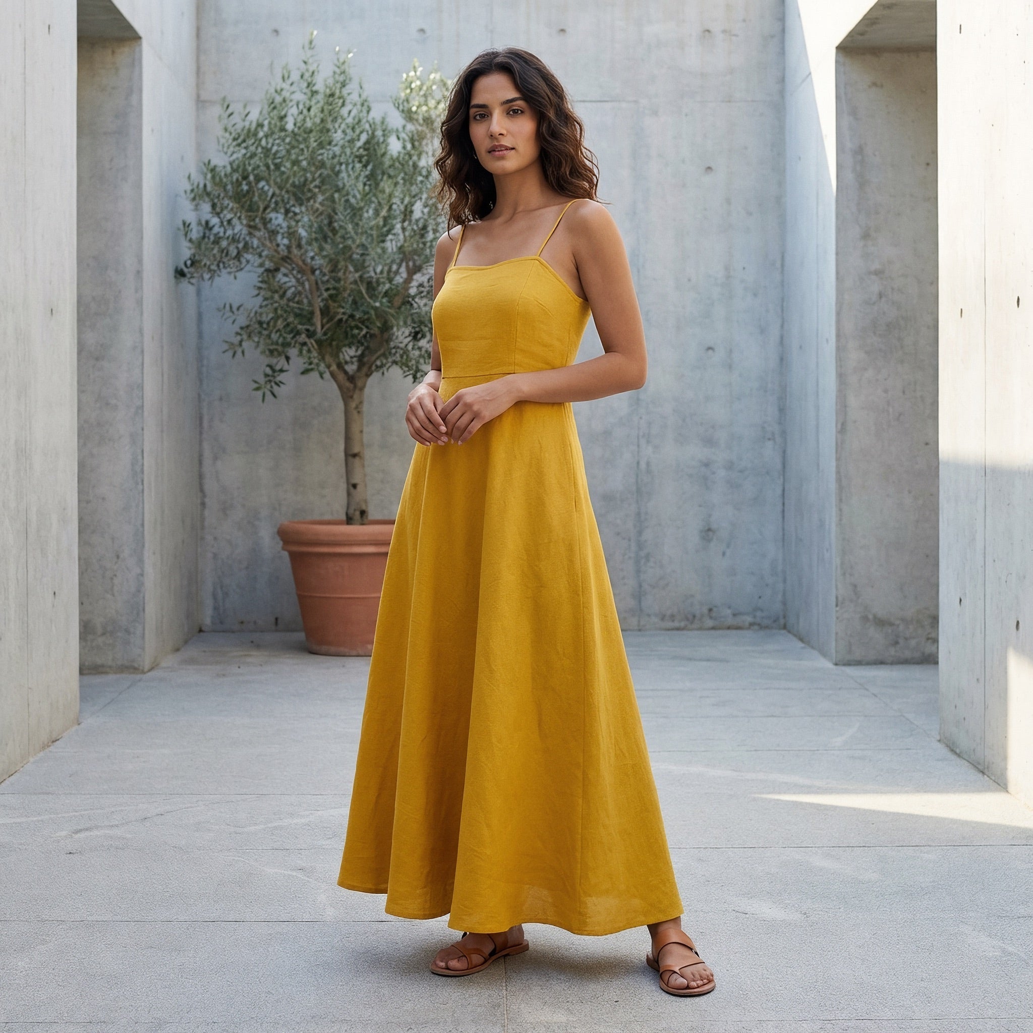 Yellow Cotton Flax Ankle Length Flared Sundress