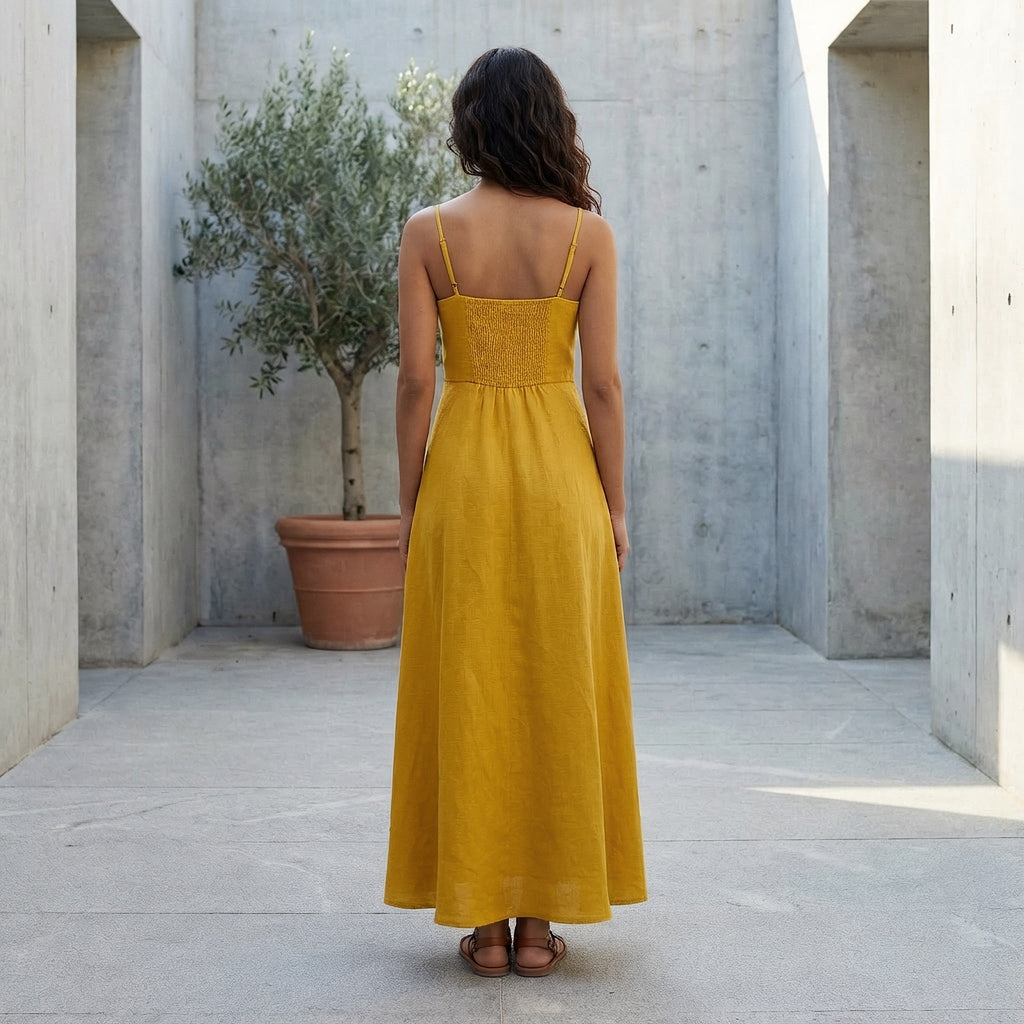 Yellow Cotton Flax Ankle Length Flared Sundress