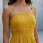 Yellow Cotton Flax Ankle Length Flared Sundress