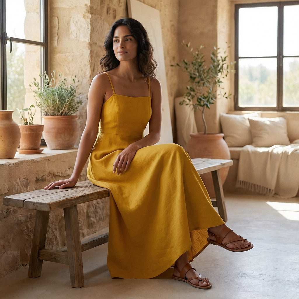 Yellow Cotton Flax Ankle Length Flared Sundress