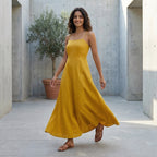 Yellow Cotton Flax Ankle Length Flared Sundress