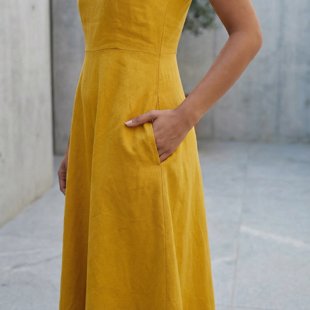 Yellow Cotton Flax Ankle Length Flared Sundress