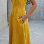 Yellow Cotton Flax Ankle Length Flared Sundress