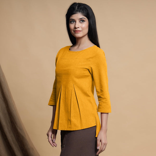 Yellow Cotton Flax Box-Pleated High Low Top