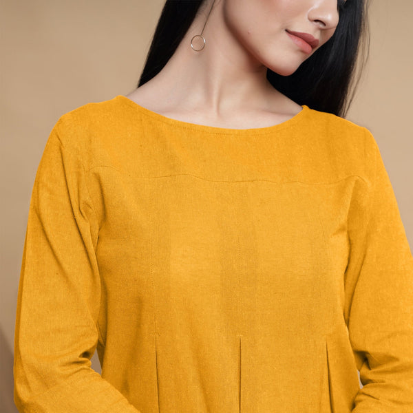 Yellow Cotton Flax Box-Pleated High Low Top