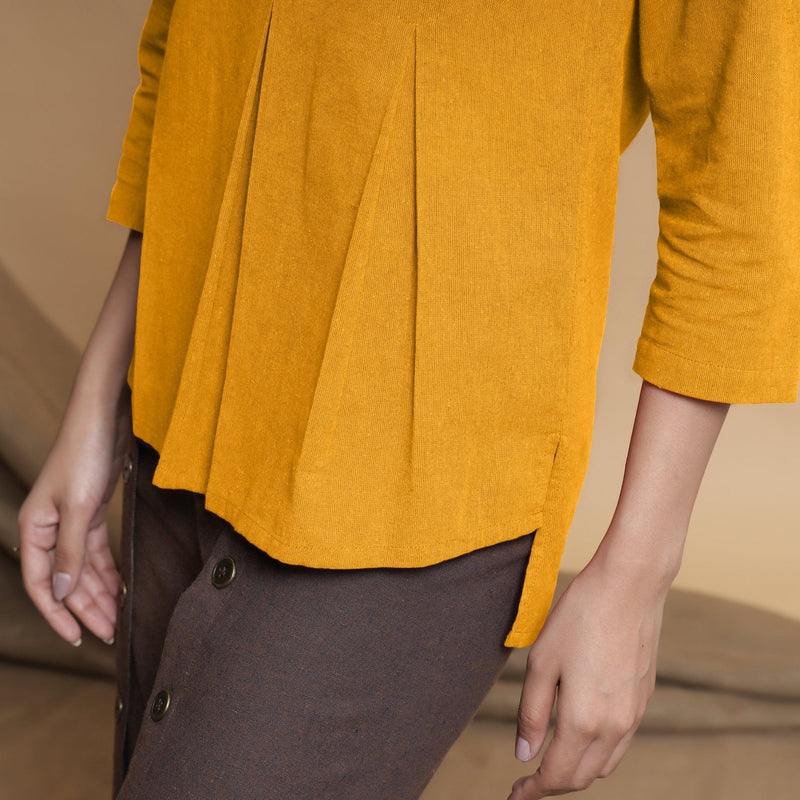 Yellow Cotton Flax Box-Pleated High Low Top