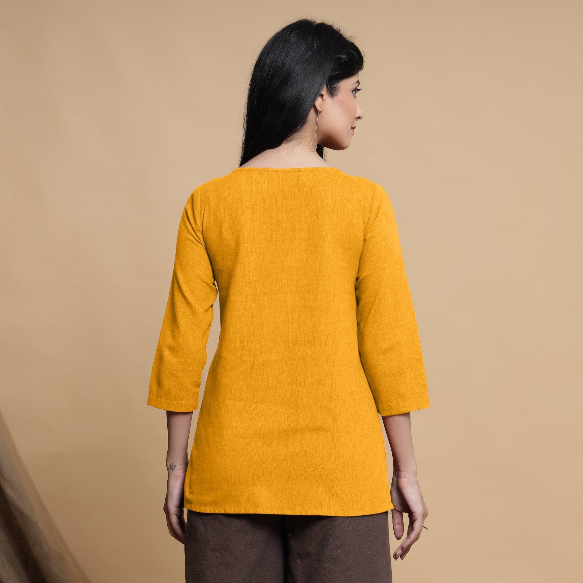 Yellow Cotton Flax Box-Pleated High Low Top