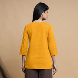 Yellow Cotton Flax Box-Pleated High Low Top