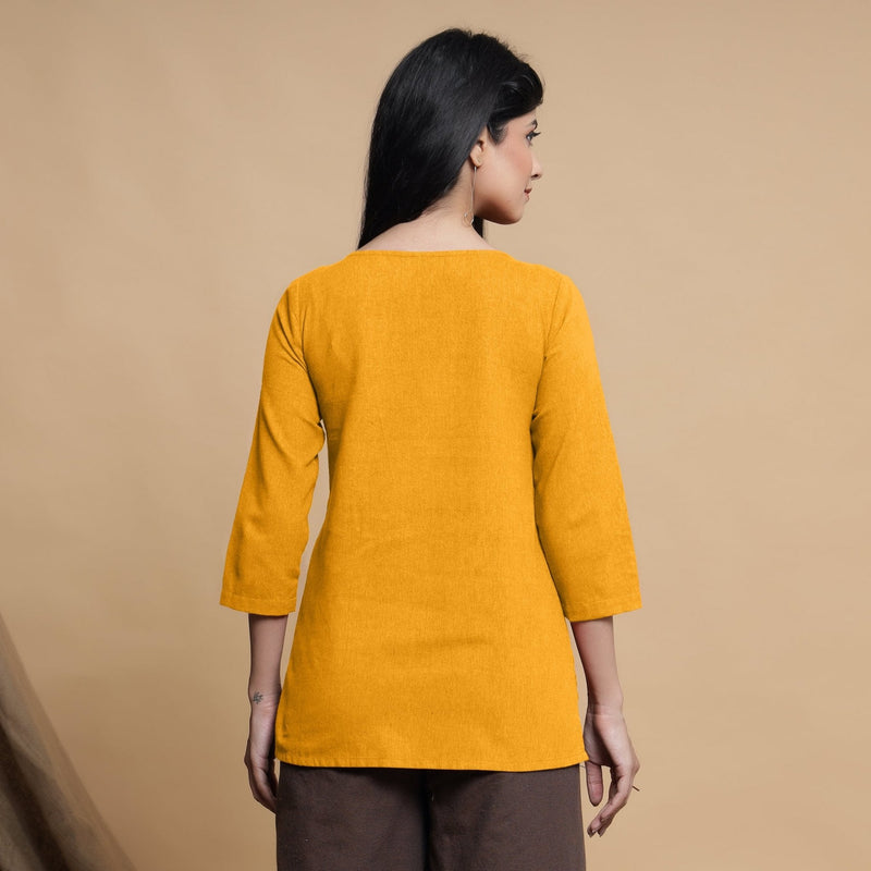 Yellow Cotton Flax Box-Pleated High Low Top