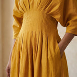 Yellow Cotton Flax Cinched Waist Flared Maxi Dress