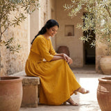 Yellow Cotton Flax Cinched Waist Flared Maxi Dress