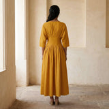 Yellow Cotton Flax Cinched Waist Flared Maxi Dress