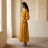 Yellow Cotton Flax Cinched Waist Flared Maxi Dress
