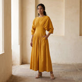 Yellow Cotton Flax Cinched Waist Flared Maxi Dress