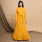 Yellow Cotton Flax Mandarin Collar Floor Length Tier Dress