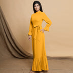 Yellow Cotton Flax Mandarin Collar Floor Length Tier Dress