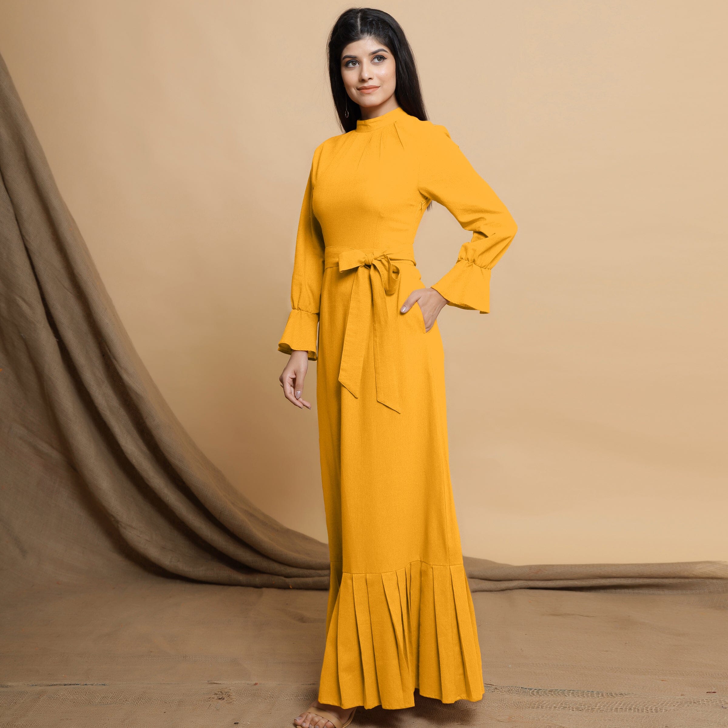 Yellow Cotton Flax Mandarin Collar Floor Length Tier Dress