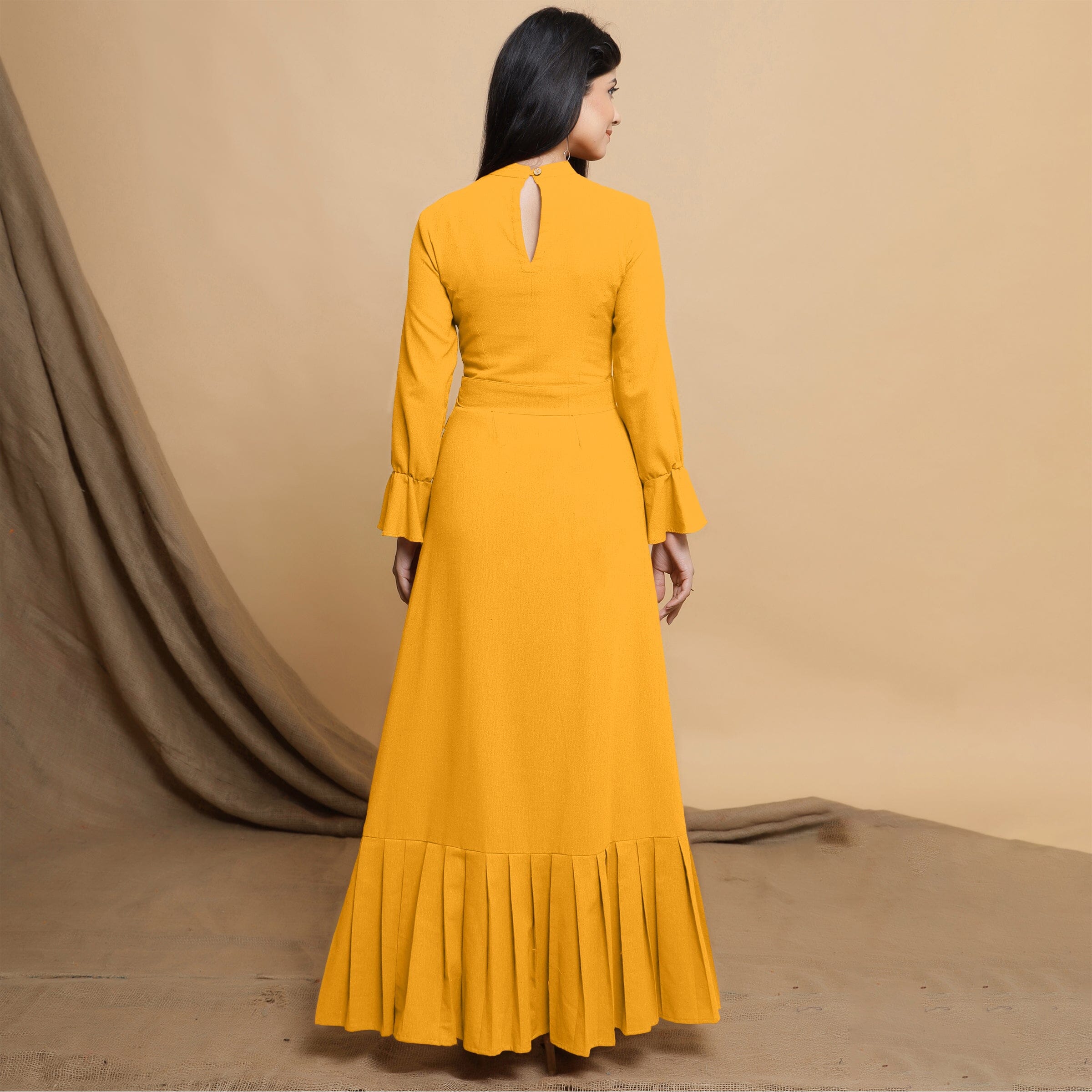 Yellow Cotton Flax Mandarin Collar Floor Length Tier Dress