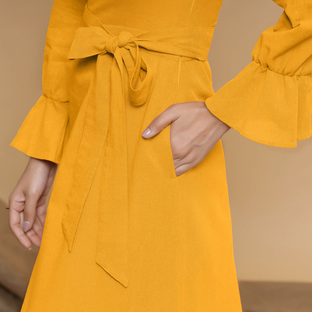 Yellow Cotton Flax Mandarin Collar Floor Length Tier Dress