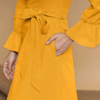 Yellow Cotton Flax Mandarin Collar Floor Length Tier Dress