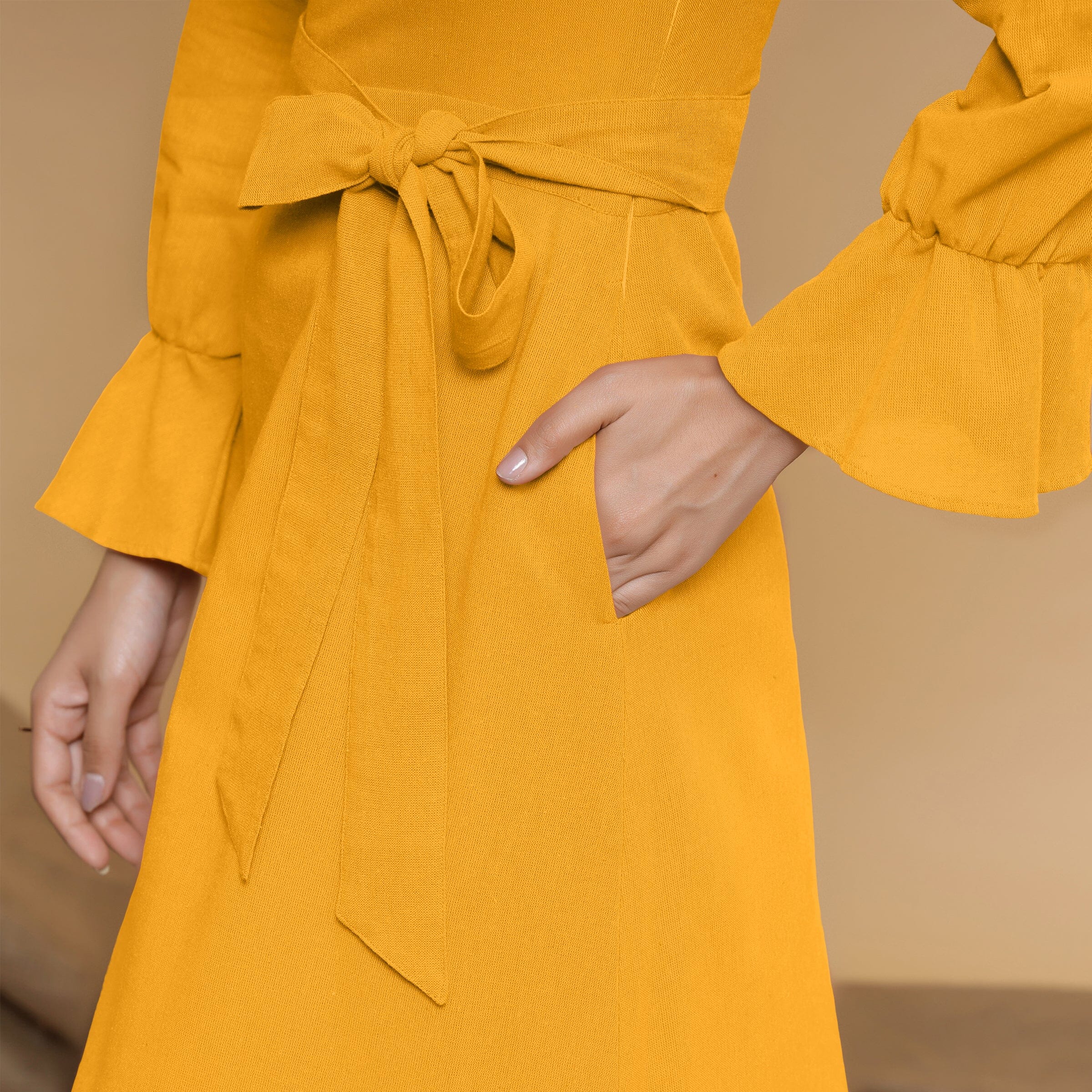 Yellow Cotton Flax Mandarin Collar Floor Length Tier Dress