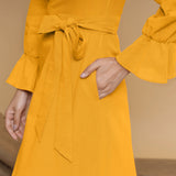 Yellow Cotton Flax Crew Neck Floor Length Tier Dress