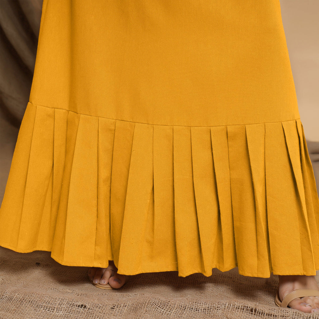 Yellow Cotton Flax Mandarin Collar Floor Length Tier Dress
