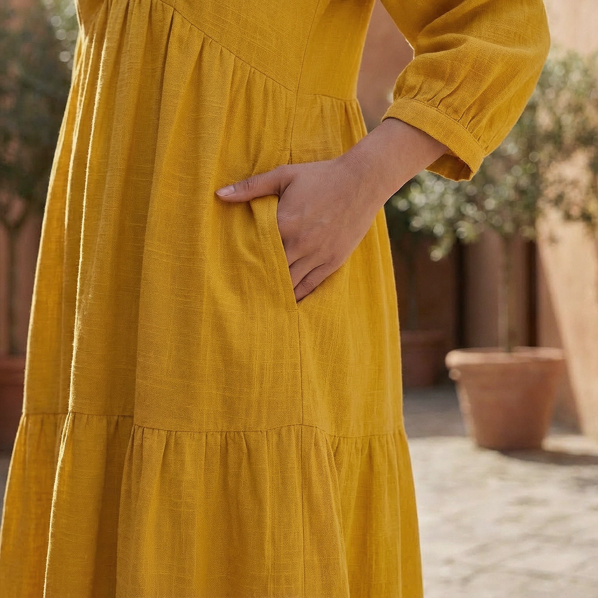 Yellow Cotton Flax Deep-V Maxi Tier Dress