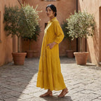 Yellow Cotton Flax Deep-V Maxi Tier Dress
