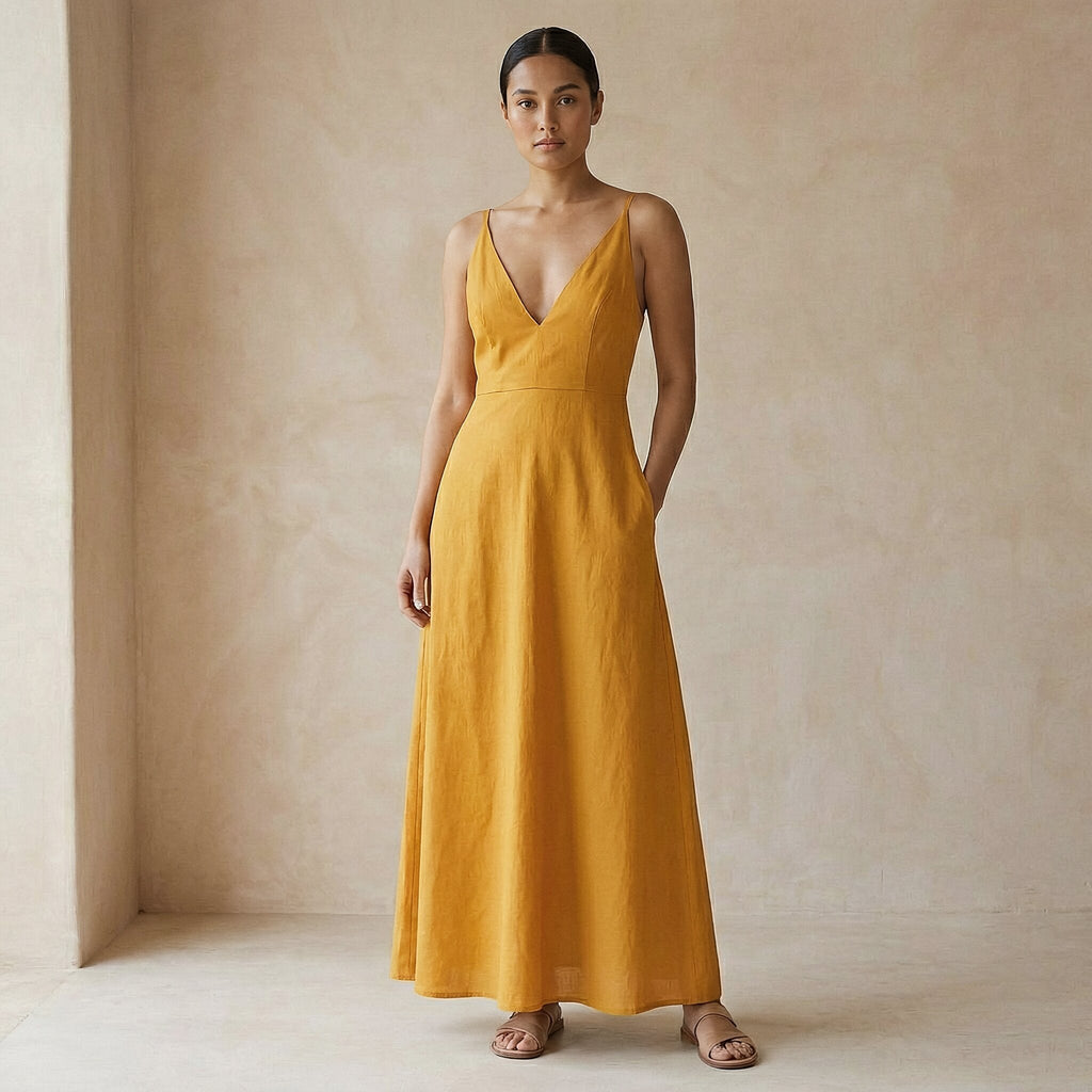 Yellow Cotton Flax Deep V-Neck Cami Maxi Dress
