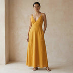 Yellow Cotton Flax Deep V-Neck Cami Maxi Dress